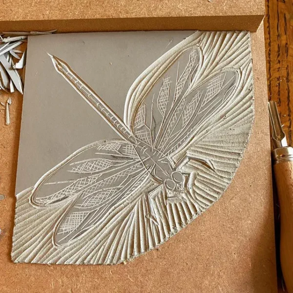 Hand printed linoprint dragonfly card 2